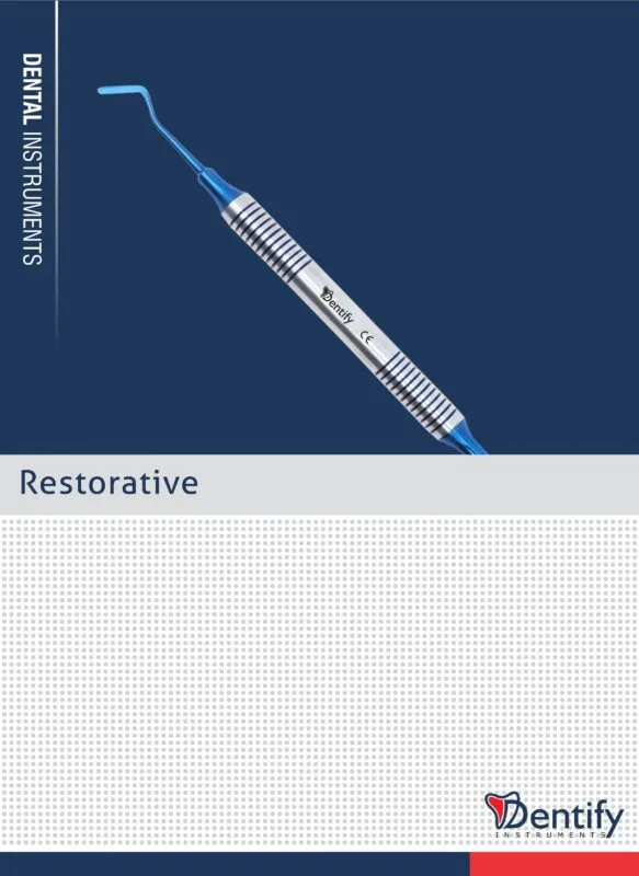 A double-ended dental restorative instrument with a blue handle and a blue tip, placed against a blue background