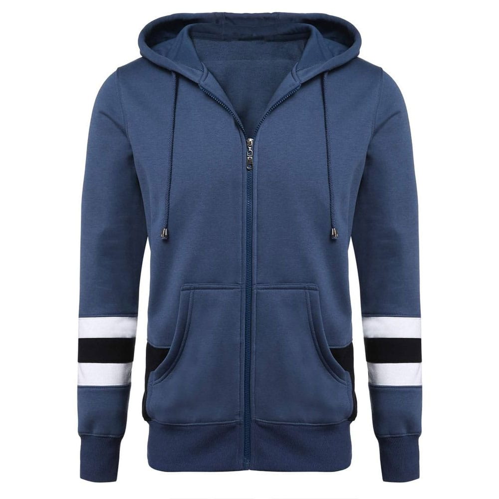 Blue Men S Casual Hooded Zip Up Hoodie