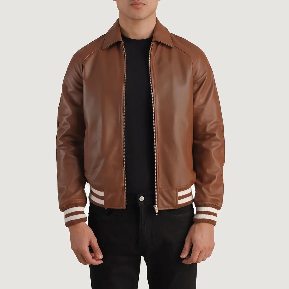 Mens Brown Leather Varsity Jacket Casual Bomber Style