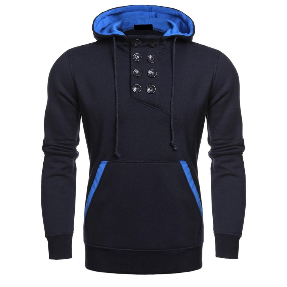 Navy Blue Men's Hooded Button Pullover Casual Fleece Hoodie
