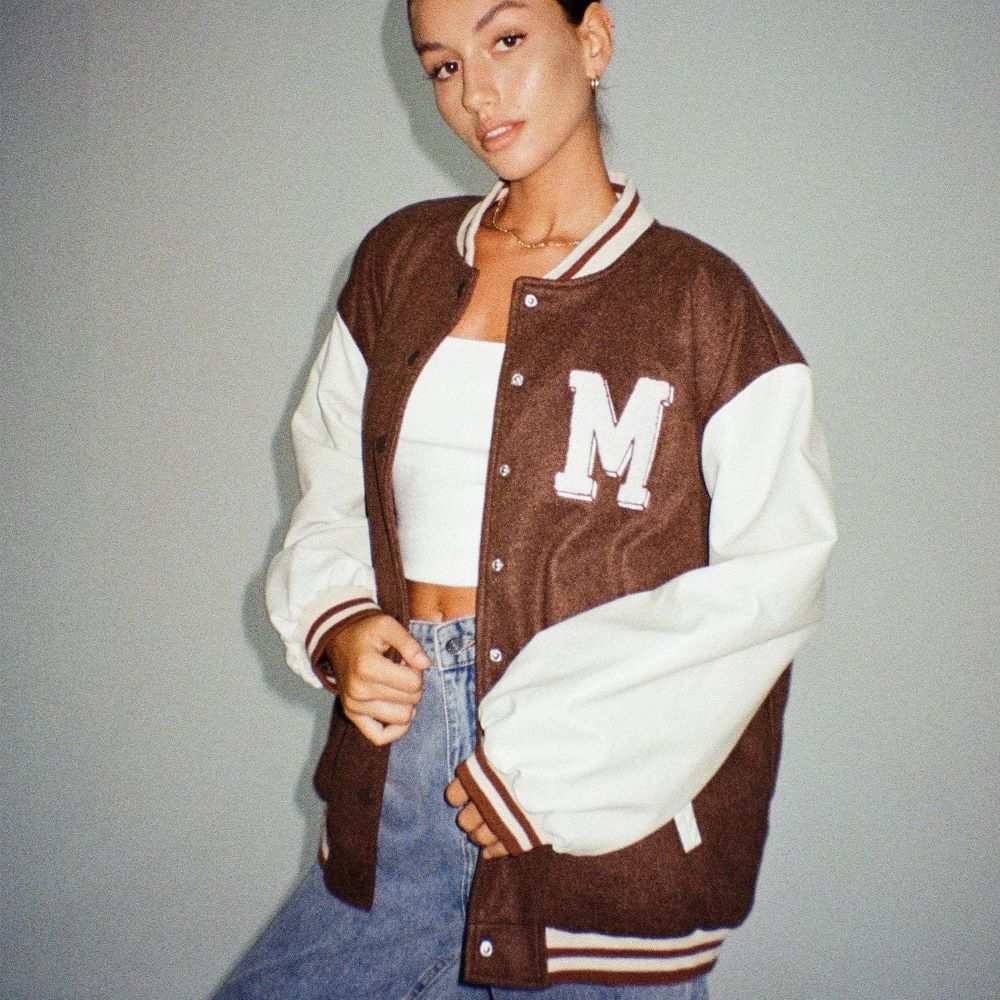 Women’s Brown Varsity Jacket with White Sleeves Casual Bomber