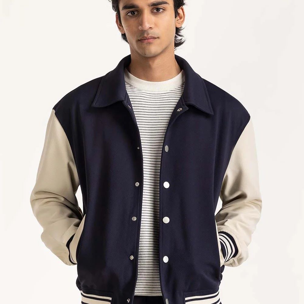 Mens Classic Navy and Beige Varsity Jacket Stylish Casual Bomber